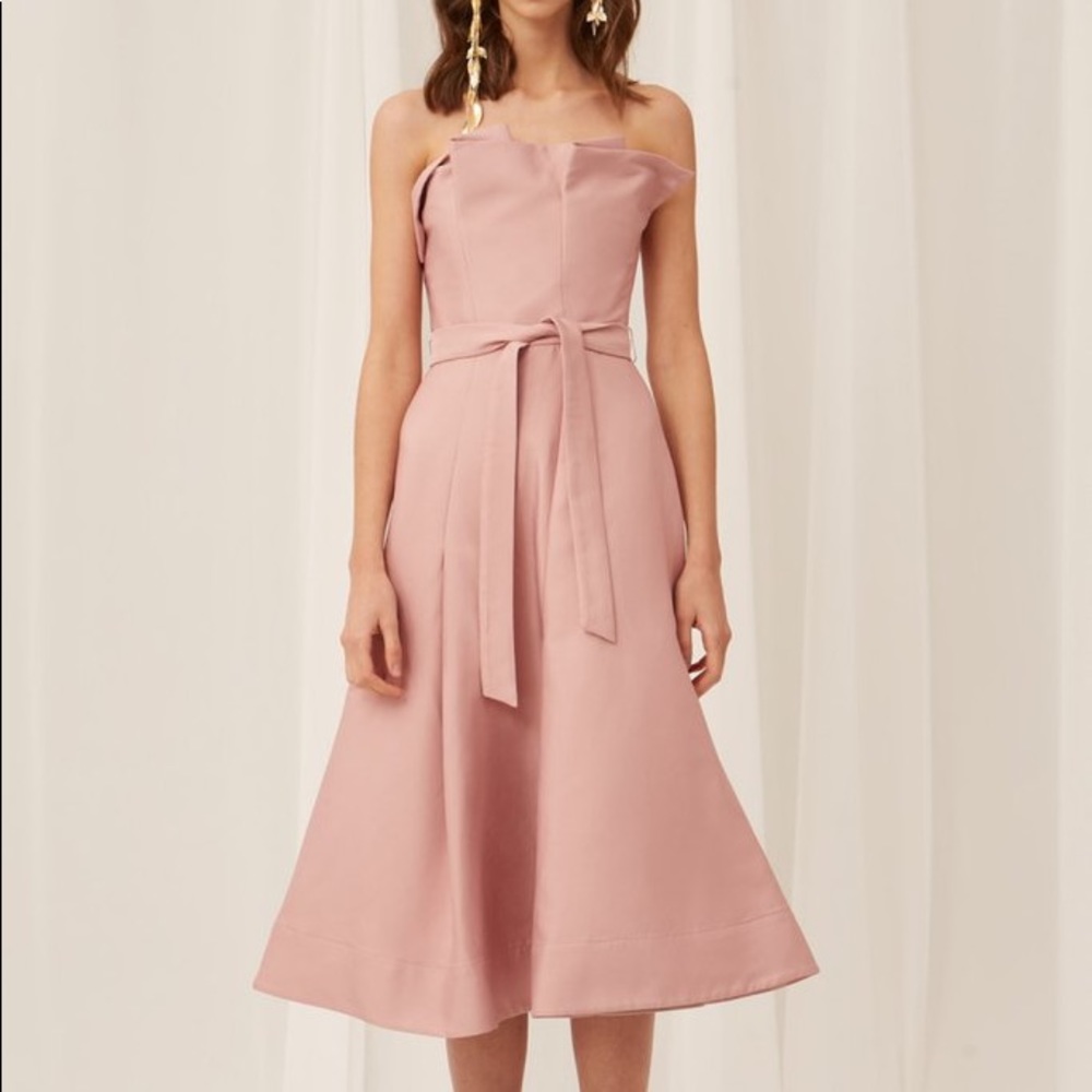 NWT KEEPSAKE The Label Pink Rose Strapless Pleated Tea Length Dress with Bodice